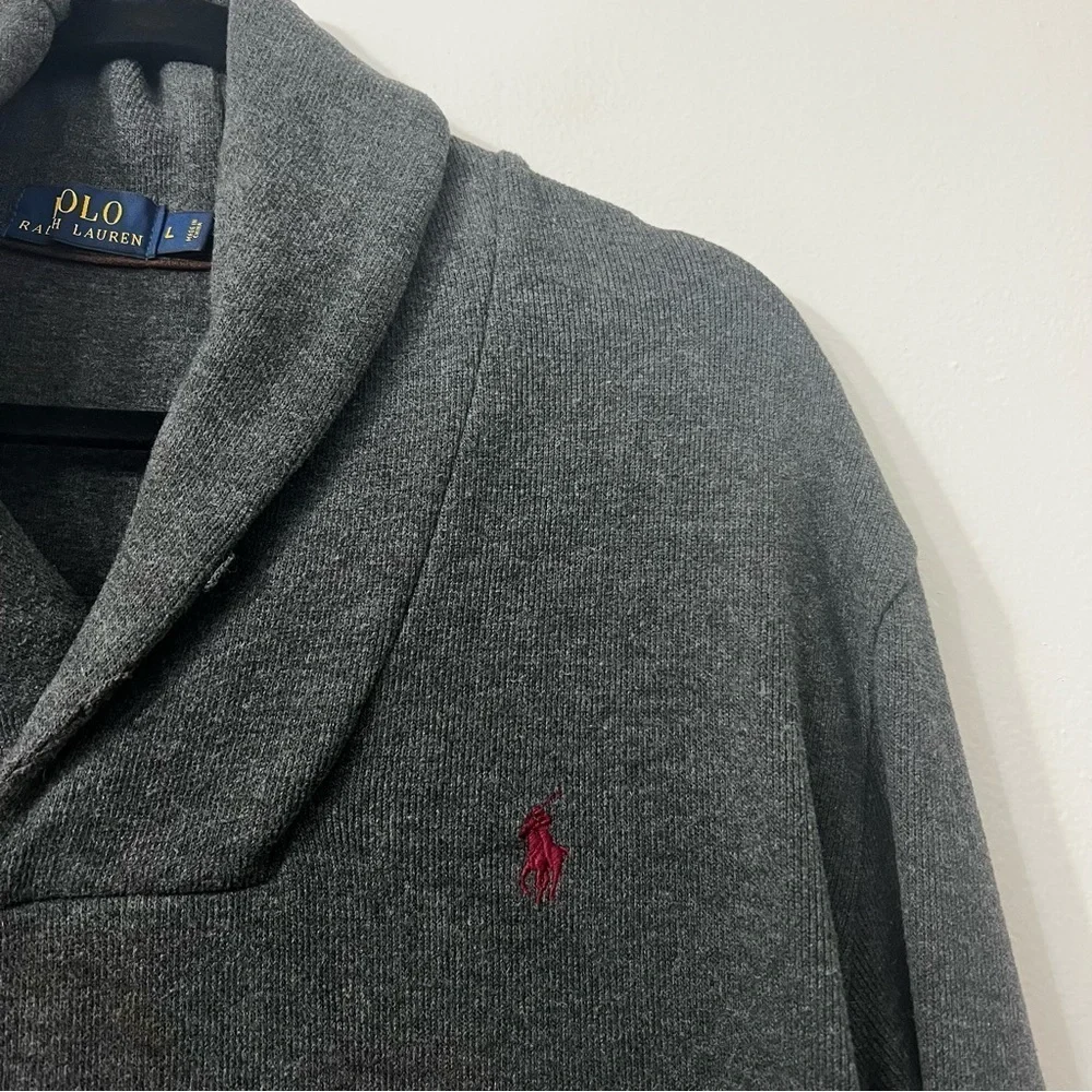 Polo Ralph Lauren L Gray Cotton Shawl Collar Pullover Sweater Preppy Old Money